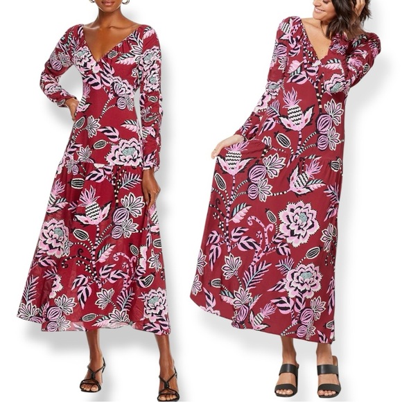 FARM RIO Burgundy Pineapple Inspiration Floral Print V Neck Open Back Maxi Dress - Picture 4 of 11